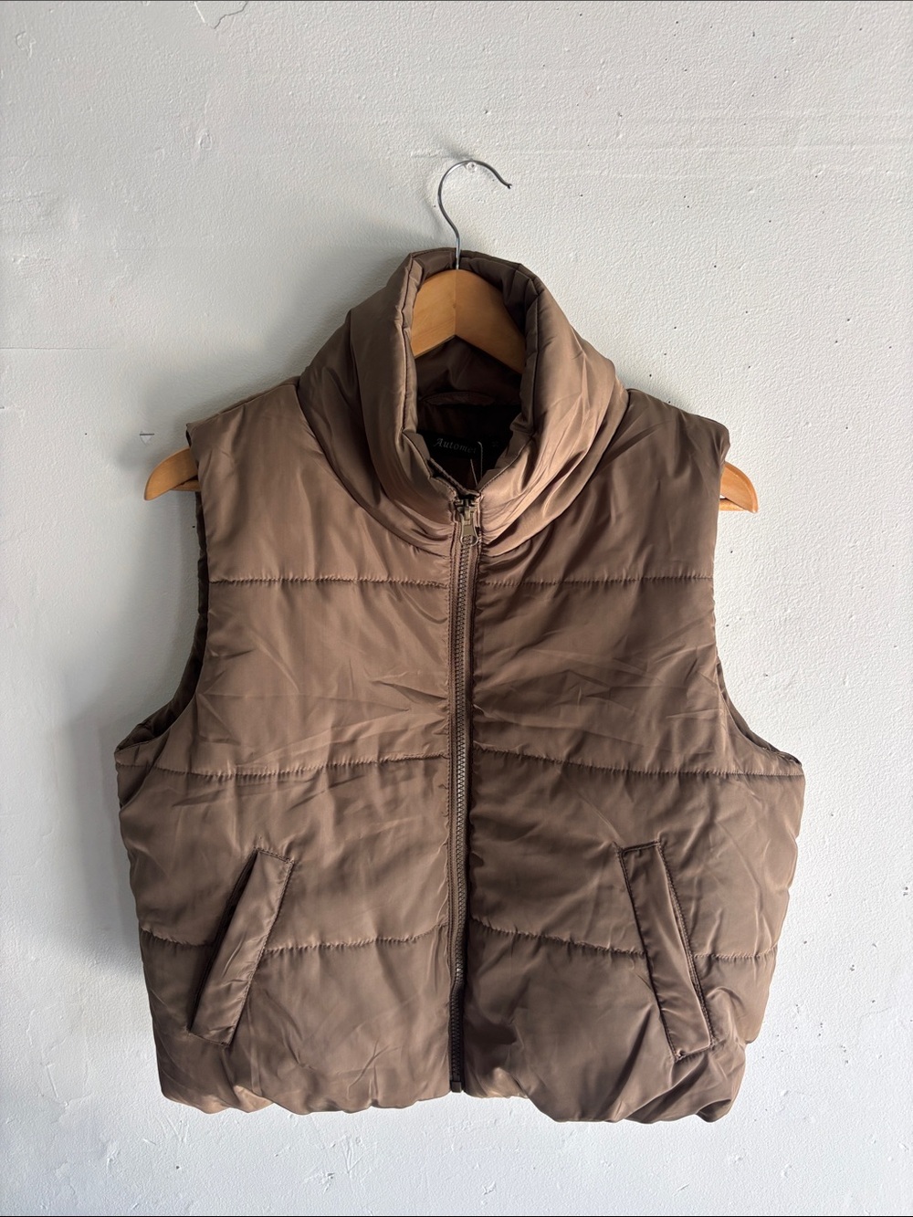 Cropped Brown Quilted Puffer Vest with High Neck